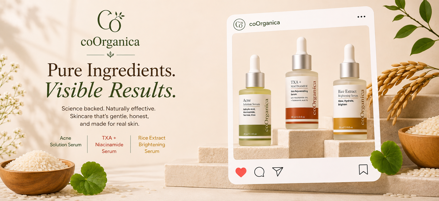 coOrganica skincare set featuring three dropper bottles displayed on a wooden pedestal, with product details and ingredient bowls arranged around on a warm beige background.